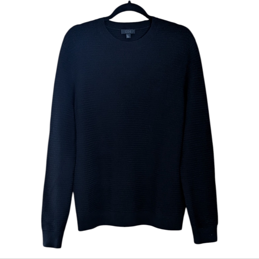COS Men's Black Crew Neck Cotton Knit Pullover Classic Sweater Preppy